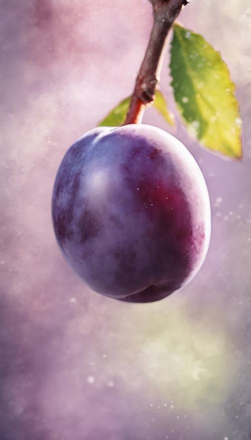 Un portrait à l’aquarelle d’une prune dans une teinte violette douce et fondue.