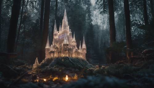 Wysoki kryształowy zamek świecący miękkim magicznym światłem pośród ciemnego i tajemniczego zaczarowanego lasu.
