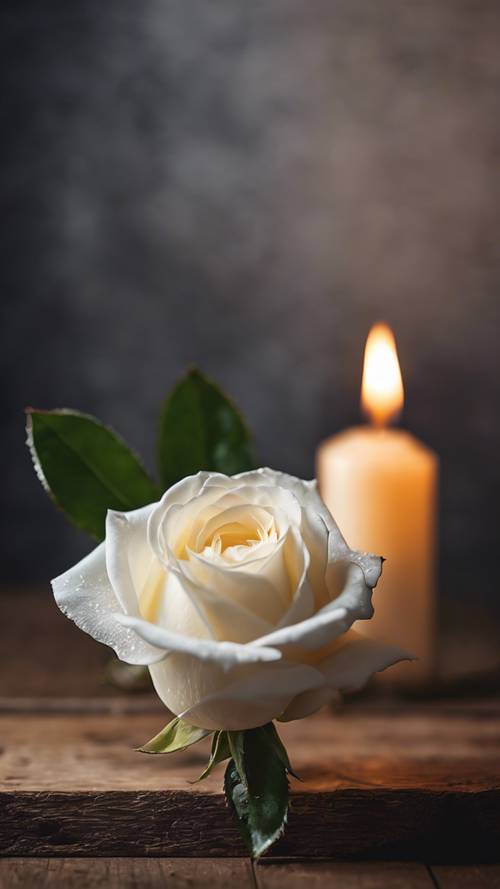 A white rose illuminated by candle light sitting on a rustic table.