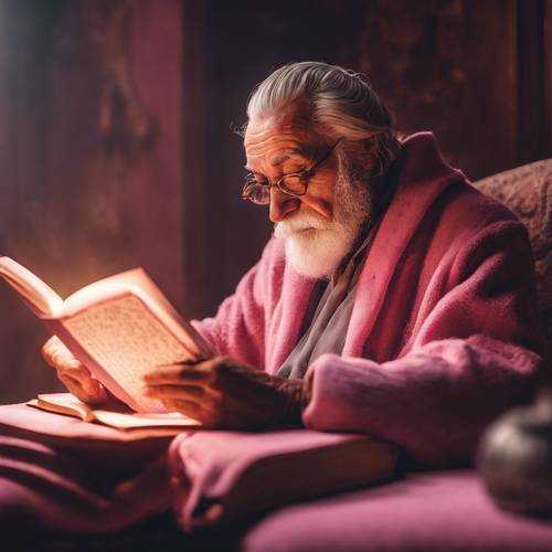 Seorang bijak tua sedang membaca buku di dekat cahaya hangat api merah muda.