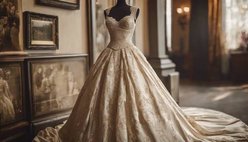 An antique cream silk wedding dress showcased in a museum display. Tapet [569e67de1c894d88b41b]