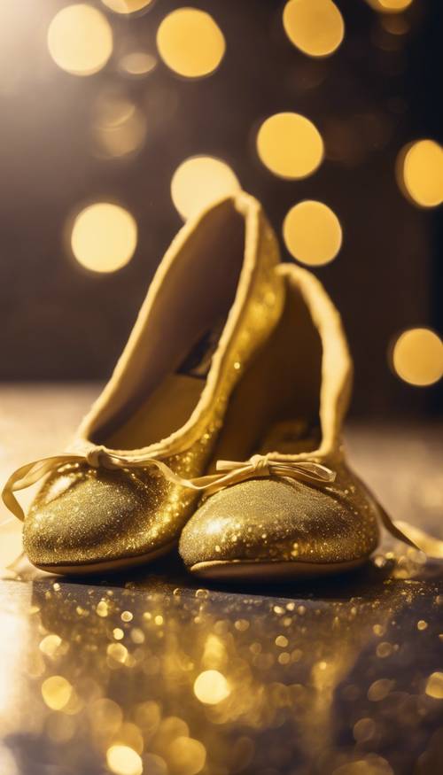A pair of vivid yellow ballet shoes, dusted in gold glitter, resting on a dance floor.