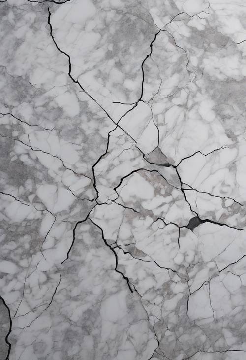 Uma superfície rachada de mármore cinza e branco, apresentando textura.