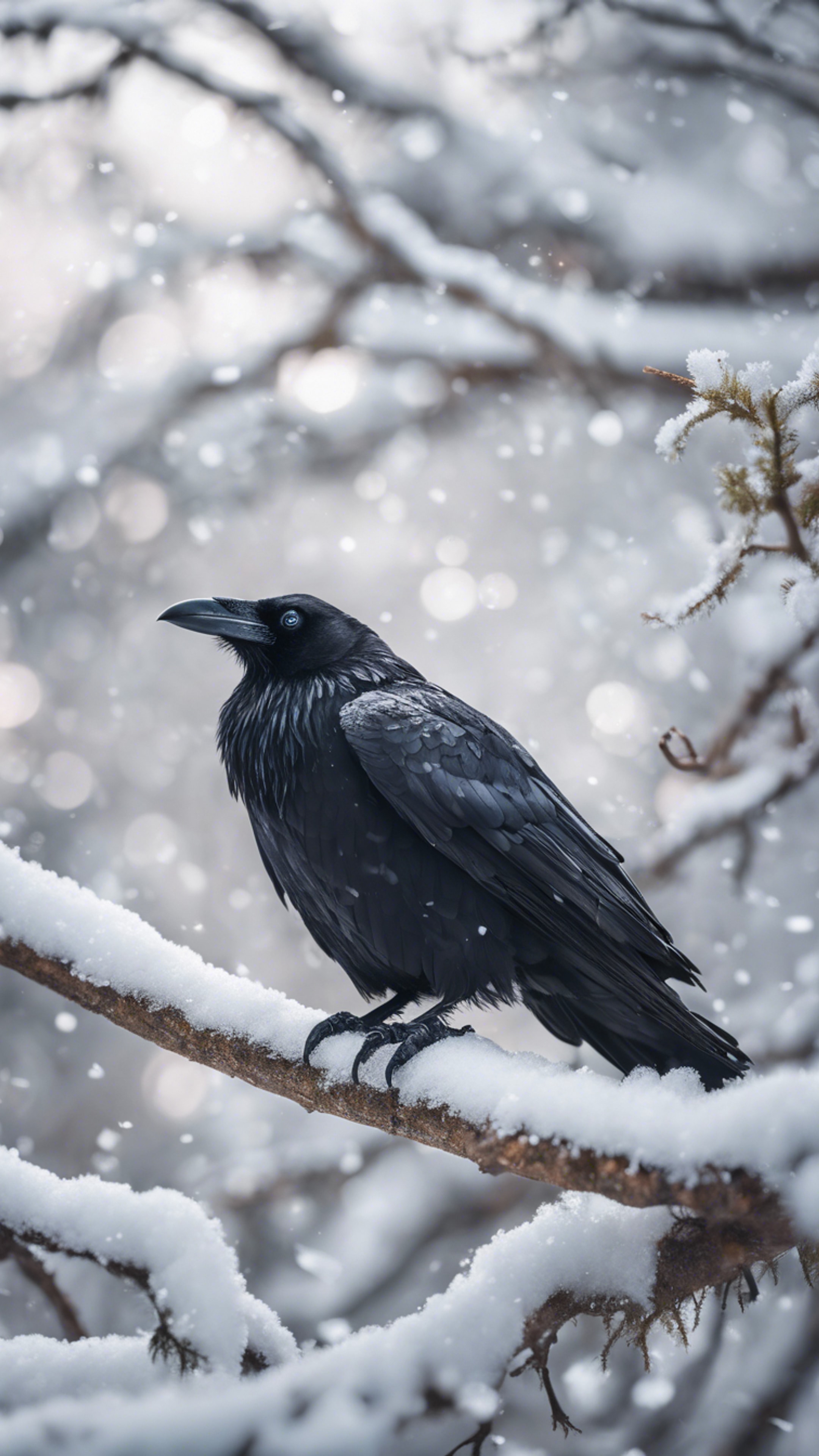 A mysterious black raven perched on a stark, white snow covered branch. Обои[9249f7444d554026acd7]