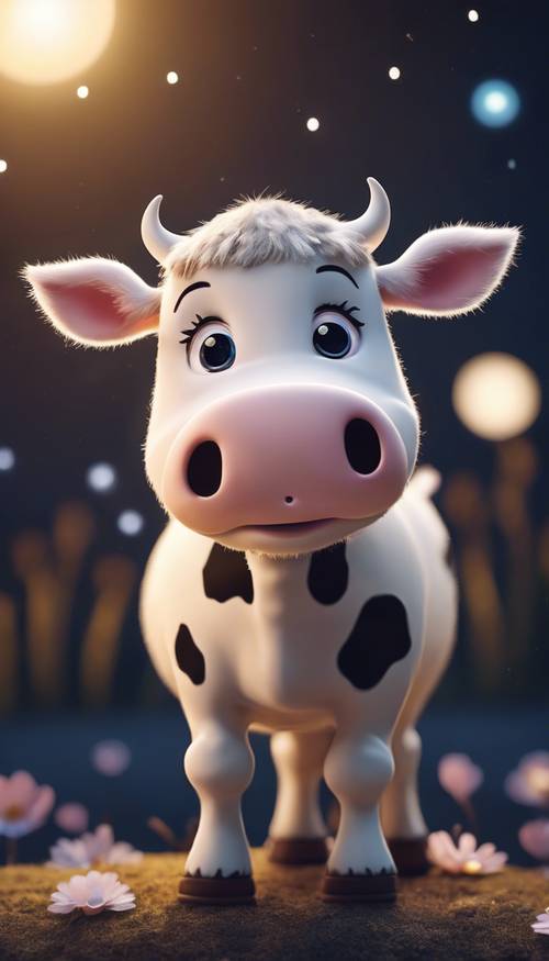 Seekor sapi lucu bergaya kawaii dengan mata besar berkilau tersenyum di langit yang diterangi cahaya bulan.