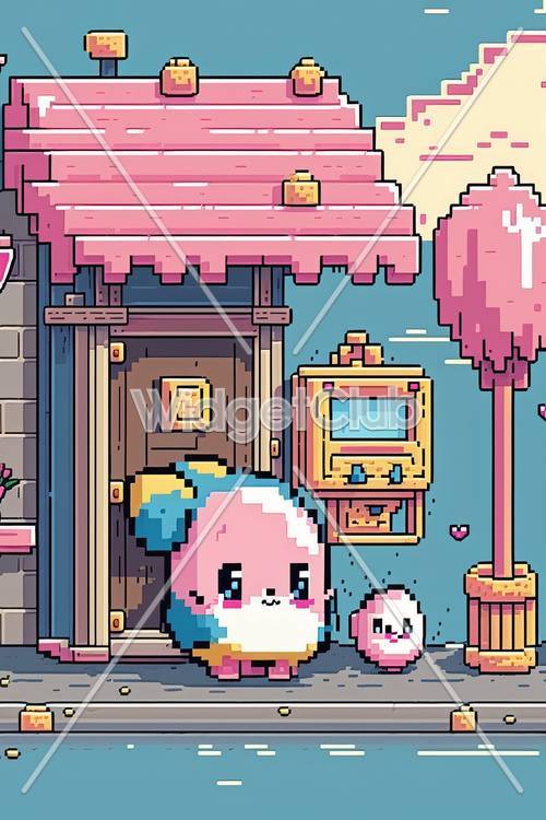 Lindos personajes de Pixel Art afuera de una tienda de dulces