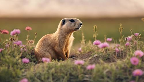 A prairie dog emerging from its burrow on an open prairie, with prairie flowers blooming around it.