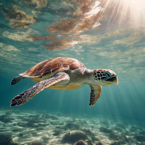 Tartaruga marinha nadando tranquilamente no oceano, com o sol penetrando na superfície da água acima.