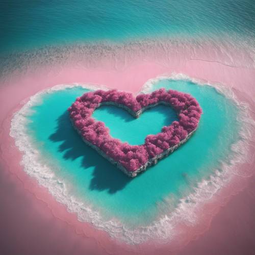 Small pink heart-shaped island in the middle of a vast turquoise ocean.
