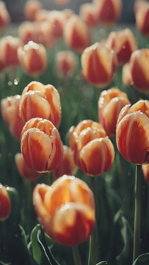 Vista de perto de tulipas beijadas pelo orvalho durante uma manhã fresca de primavera.