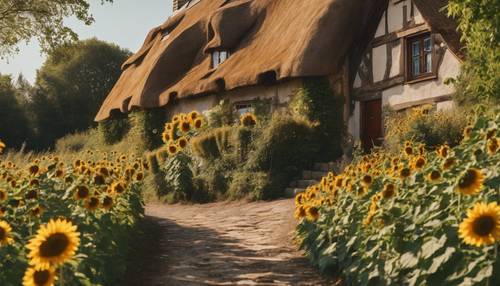 Cottagecore-Landschaft mit leuchtenden Sonnenblumen, die unter der strahlenden Mittagssonne einen Weg zu einem Reetdachhaus säumen.