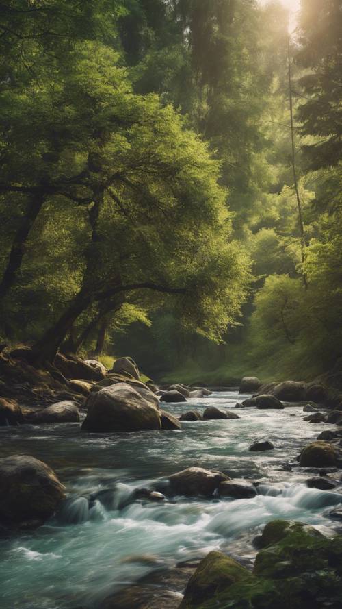A tranquil forest landscape with a clear river running through the middle.