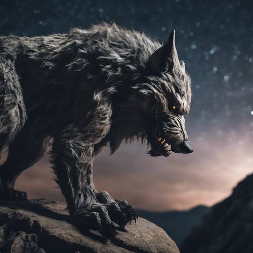 Un loup-garou âgé, sage et marqué par les combats, posant stoïquement sur une falaise rocheuse sous le ciel nocturne