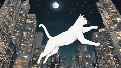 Una representación en forma de novela gráfica de un superhéroe gato blanco, saltando edificios de un solo salto bajo la atenta mirada de la luna llena.