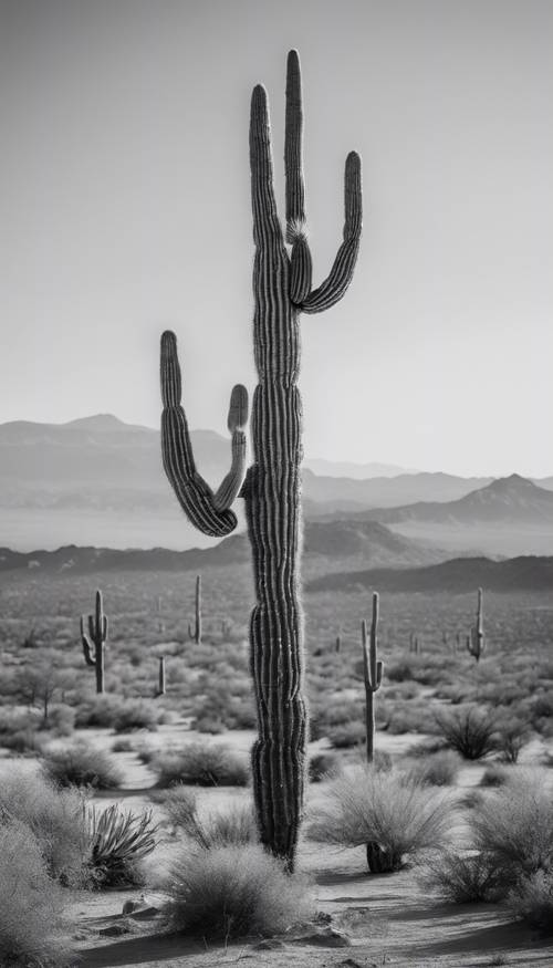 Uma fotografia em preto e branco de um cacto saguaro solitário no meio de um deserto.