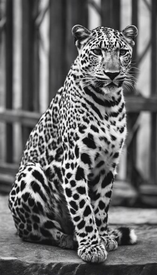 Un leopardo blanco y negro sentado quieto, su pelaje muestra maravillosamente un estampado de leopardo.