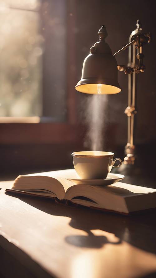 机のランプの柔らかい光の下に開いた本があり、背後には蒸気が立ち上るコーヒーカップが置かれています