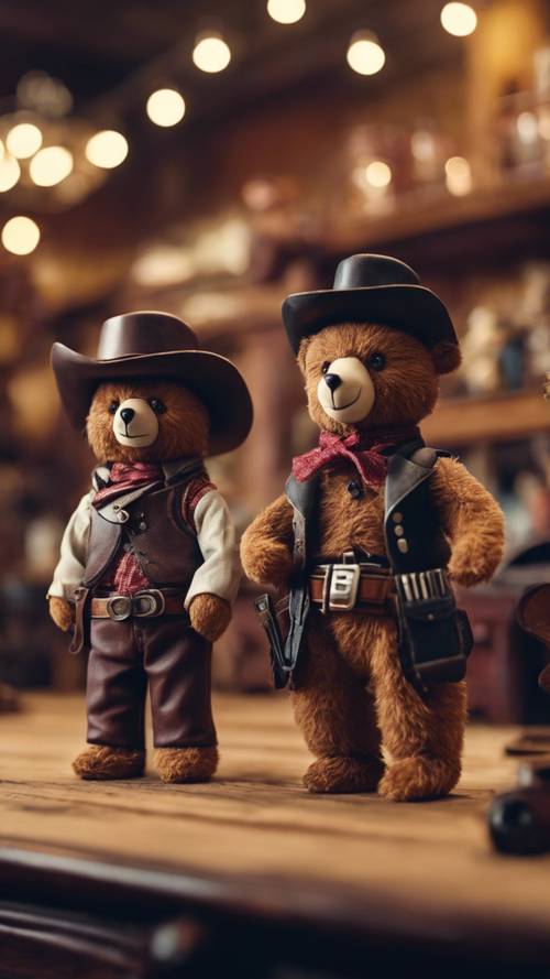 Ein Spielzeug-Saloon aus dem Wilden Westen mit Teddybär-Cowboys