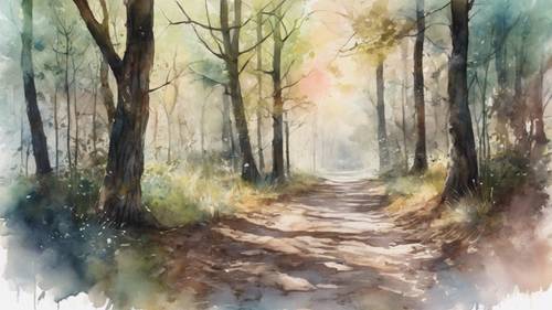 Un antiguo camino entre bosques pintado con tiernas acuarelas pastel.