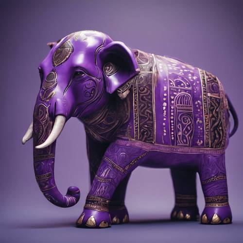 Kesan artistik seekor gajah berwarna ungu yang dilukis dengan hiasan tanda-tanda suku.