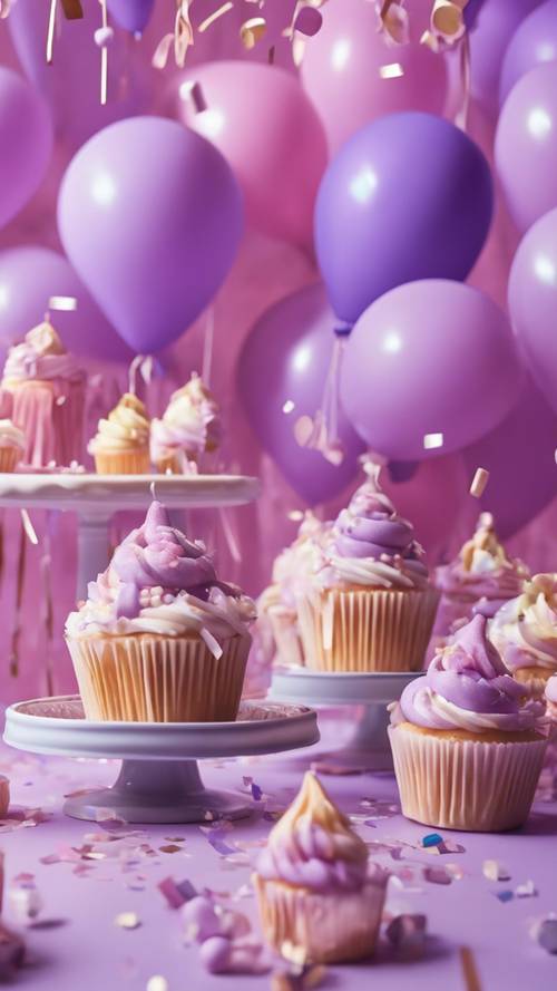 卡哇伊主題派對場景，充滿柔和的紫色色調，配有氣球、紙杯蛋糕和五彩紙屑。