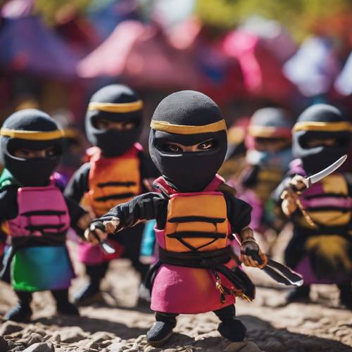 A colourful depiction of a ninja festival with stealth warriors showcasing their skills.