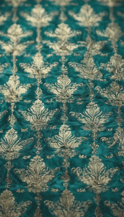 A close-up of a luxurious teal damask fabric under soft light. Tapeta [9cadd0ab90e84d47a0d0]