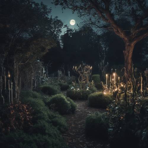 Straszny, nawiedzony, ciemny ogród, świecący w widmowym świetle księżyca, być może wypełniony upiornymi zjawami.