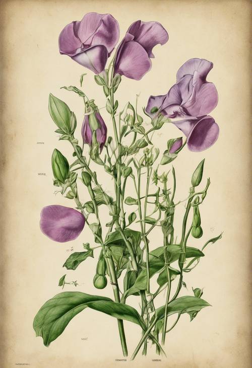 Старинный ботанический рисунок цветков, корней и листьев душистого горошка с их научными названиями.