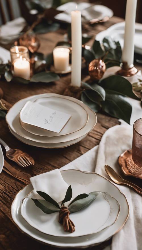 Close-up of a wooden rustic table set with white china, copper flatware, and magnolia leaf place cards for a deep southern Thanksgiving.