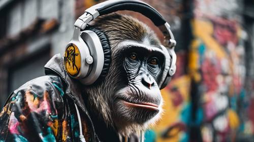 Boynunda kulaklıkları olan, hip hop havasına sahip grafiti tarzı bir maymun.