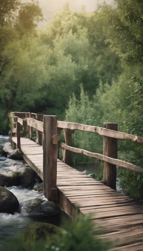 Un pittoresco ponte di legno sopra un fiume che scorre lentamente, decorato con un bagliore verde salvia. Sfondo [58217fc885234f8a9f36]