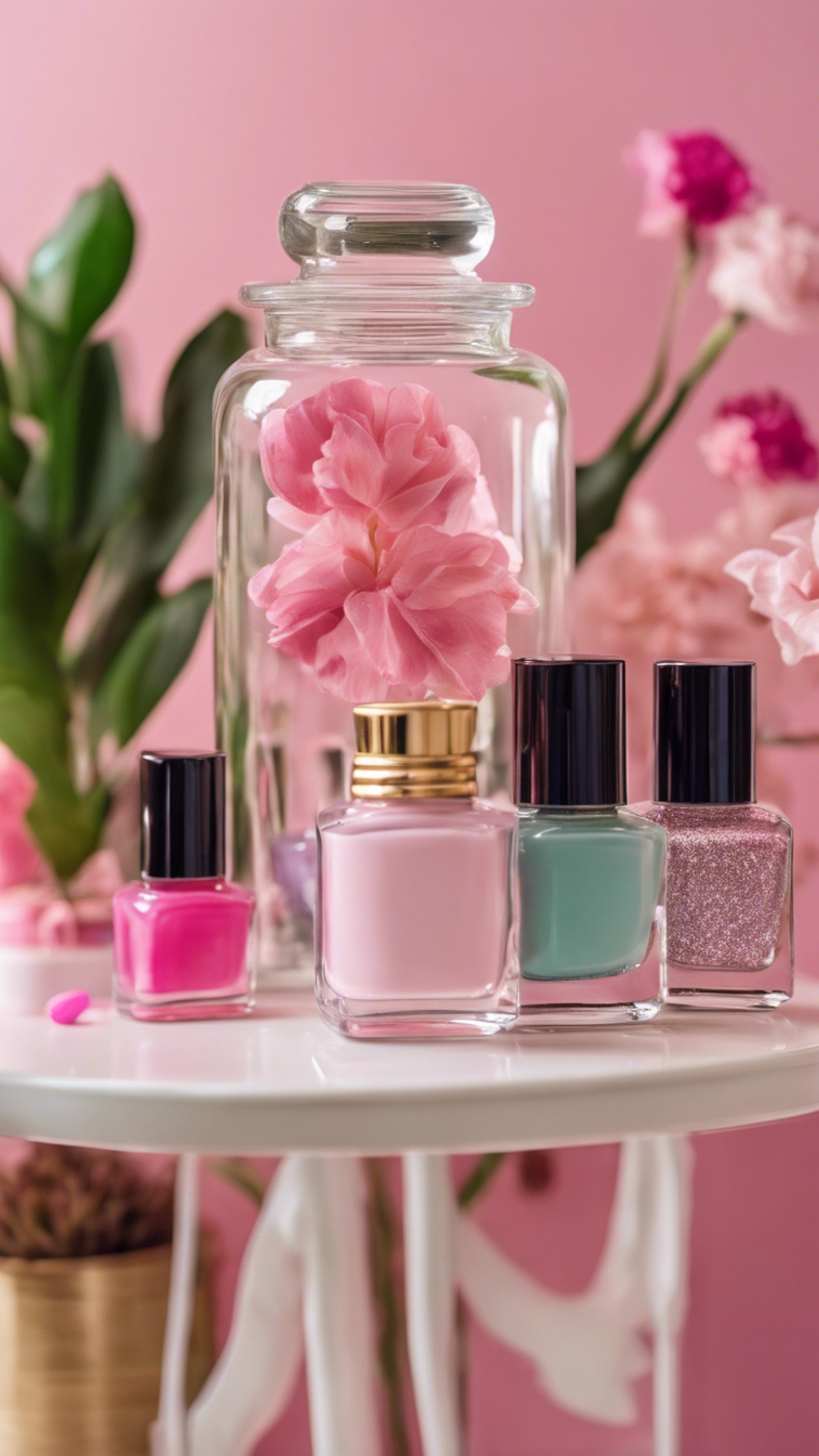 A glass jar full of colorful girly nail polishes on a pink dressing table with a chic plant in the background. Валлпапер[6e6d72fe0d8e4450902a]
