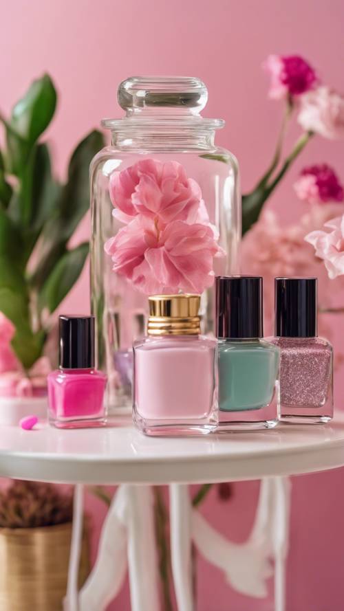 粉色梳妆台上摆放着一个玻璃罐，里面装满了色彩缤纷的少女指甲油，背景是一株别致的植物。
