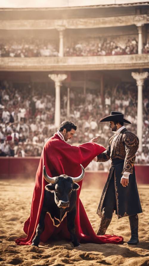 スペインの伝統衣装を着た闘牛士が怒り狂った牡牛に立ち向かう壁紙