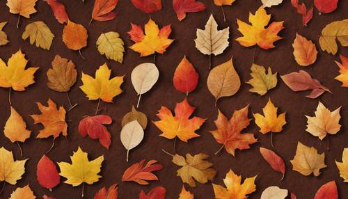 갈색 카펫에 주황색, 노란색, 빨간색 색상이 뿌려진 다양한 종류의 가을 나뭇잎의 따뜻하고 매끄러운 패턴입니다.