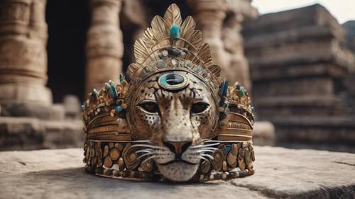 Корона из перьев ягуара ацтекского монарха внутри древнего каменного храма.