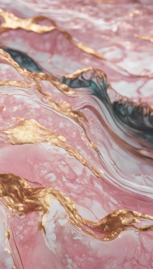 잔잔한 바다 위에 떠 있는 듯한 파도를 그린 핑크색과 골드색 대리석 패턴입니다.