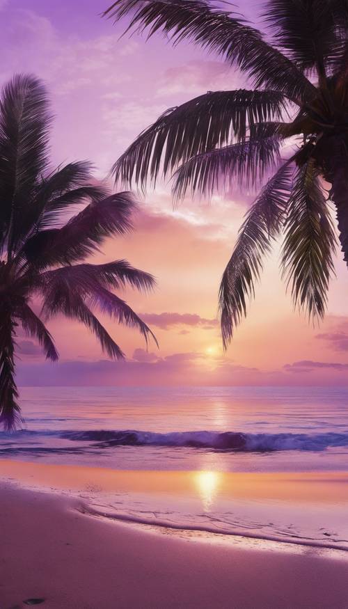Cenário de uma praia serena durante o pôr do sol, no meio está uma única e grande palmeira com folhas roxas incomumente vibrantes.