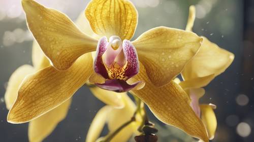 Uma ilustração detalhada de uma orquídea com vários tons de pétalas amarelas.