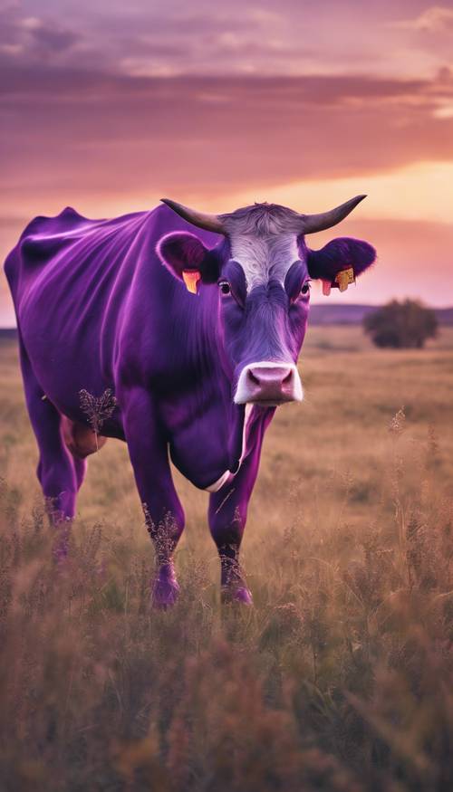 背景に美しい夕日が輝く広大な野原に立つ紫色の牛
