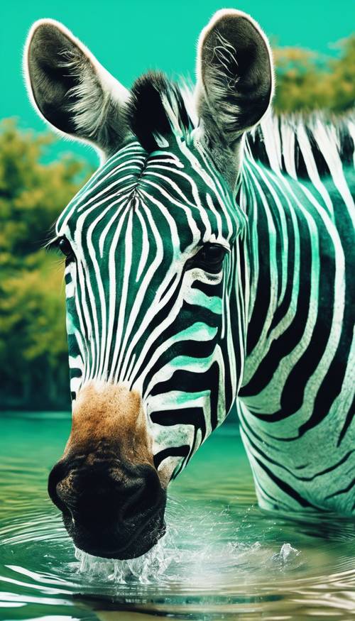 A quirky painting of a green zebra drinking water from a turquoise-blue freshwater stream. Tapet [87b470e2e9134d01bacd]