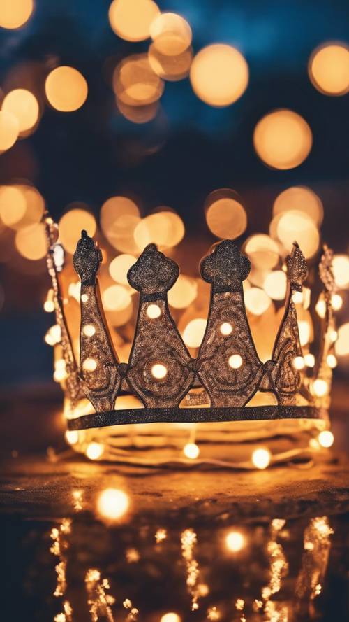 夕日が沈む中、屋外のお祭りで冠の形に配置された妖精の光が夢のような雰囲気を作り出す壁紙