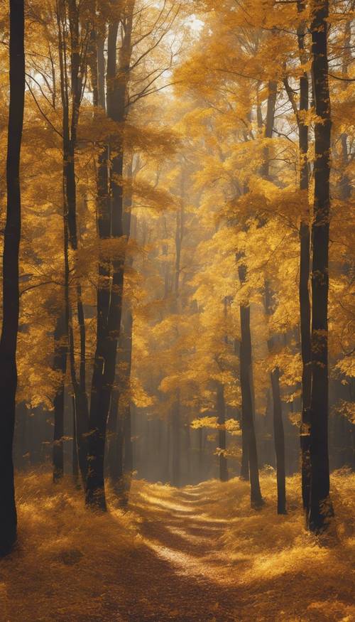 Altın ve sarı tonlarında bir sonbahar ormanı parlıyor.