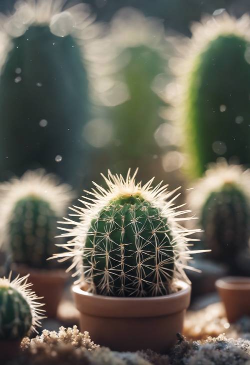 eine Nahaufnahme eines Baby-Kaktus mit Boho-Dekoration, auf dem Morgentau zu sehen ist