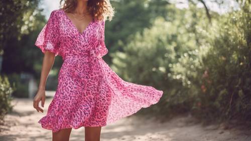 可愛いピンクレオパード柄が施された涼しい夏用ドレス