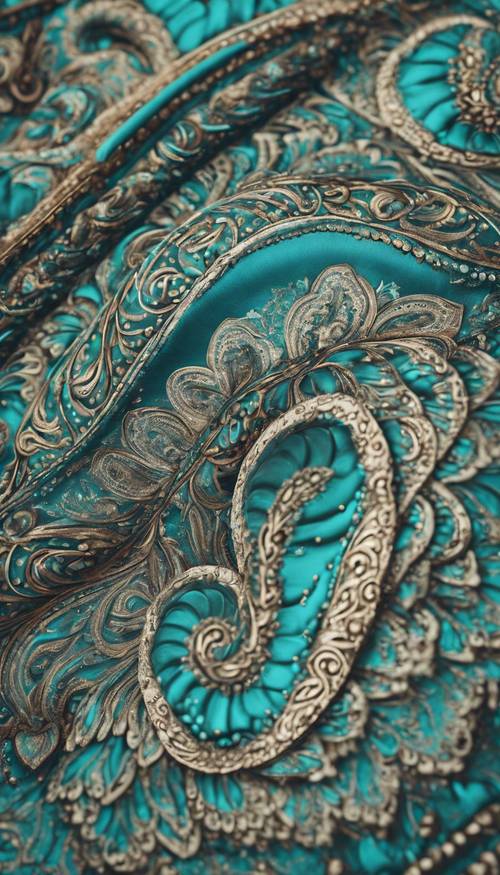 Um padrão paisley ondulado e ornamentado em tons de azul-petróleo.