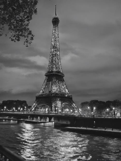 Una preciosa vista en blanco y negro de la Torre Eiffel por la noche.