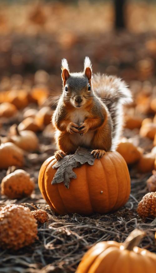 Entzückende Eichhörnchen sammeln Eicheln auf einem Kürbisbeet und sind bereit für Thanksgiving.