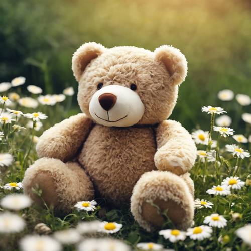 Seekor boneka beruang lembut berguling menuruni bukit yang dipenuhi bunga aster di sore musim panas yang cerah.